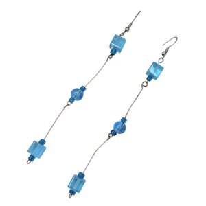 VTG Icy Blue Glass Beaded Long Dangle Earrings 5" 925 Sterling Silver Icy